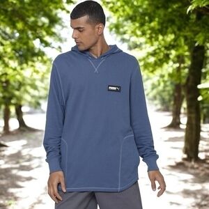 Puma Fusion Men's Blue Hoodie M Cotton Blend Long Sleeve Athletic Sweatshirt EXC
